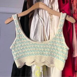 FOR LOVE AND LEMONS cream blue chunky crochet knit cropped tank top